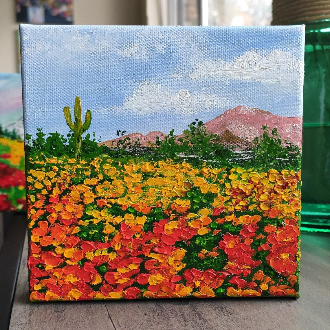 California Poppy Bloom Desert Field Cactus Mountain Oil Painting Art - Image 2