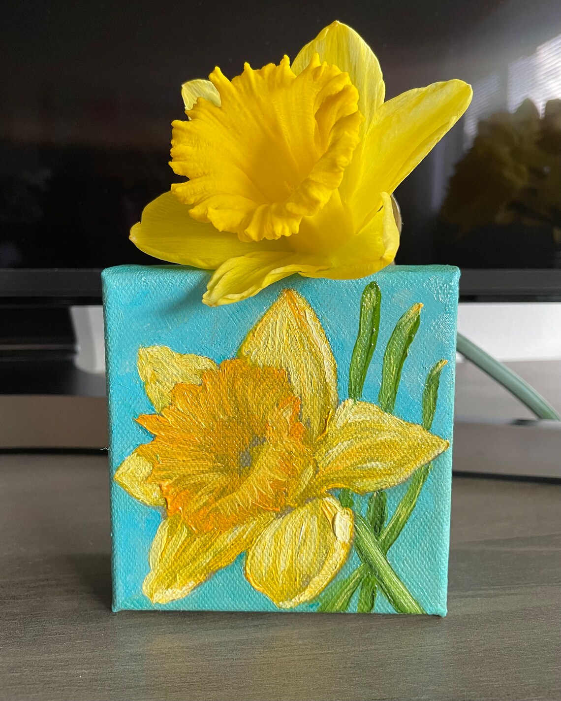 Yellow Daffodil Turquoise Mini Canvas Spring Floral Painting Poster - Image 3