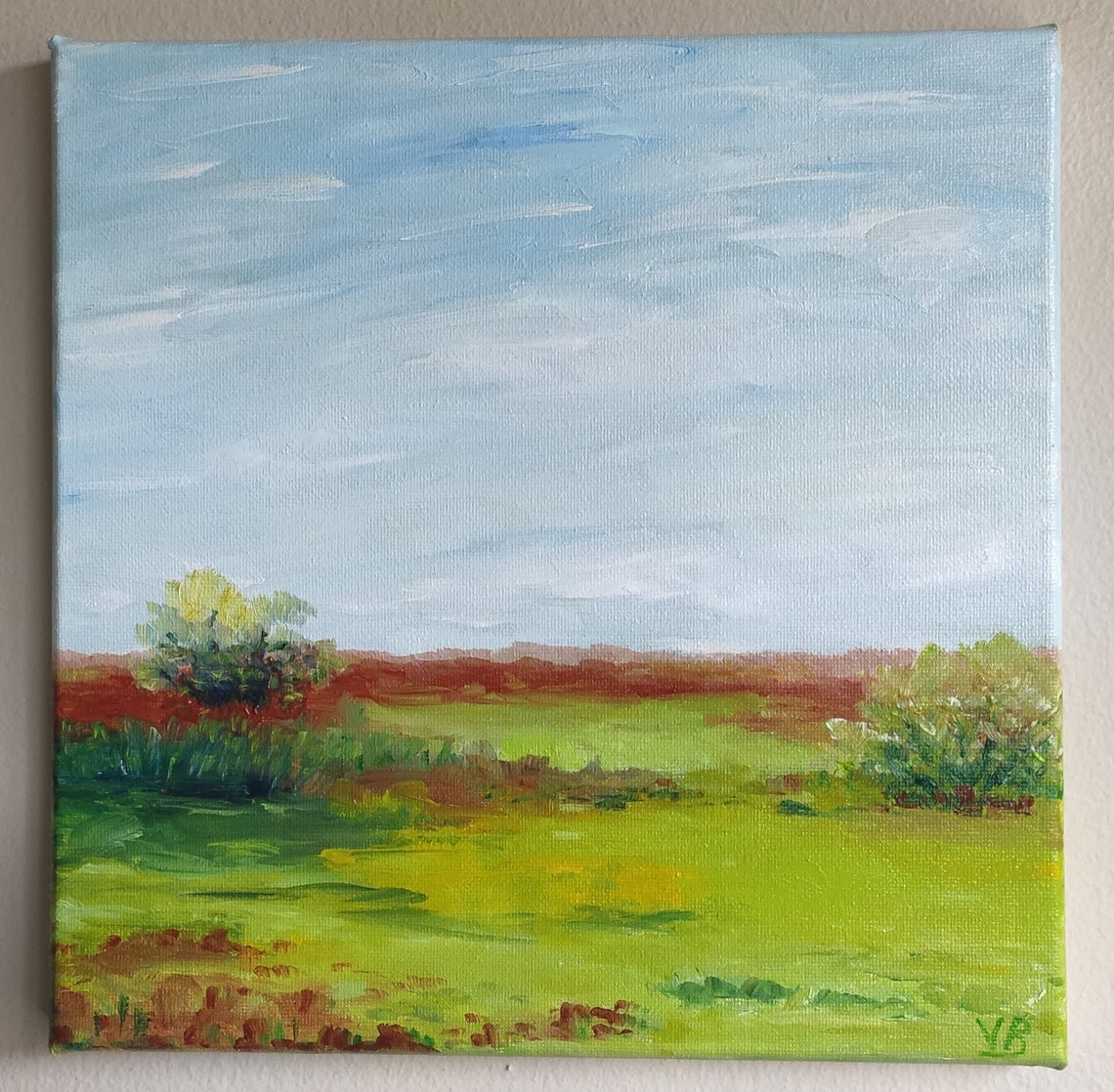 Open Green Country Meadow With Distant Tree Line Blue Sky Art Poster - Image 3