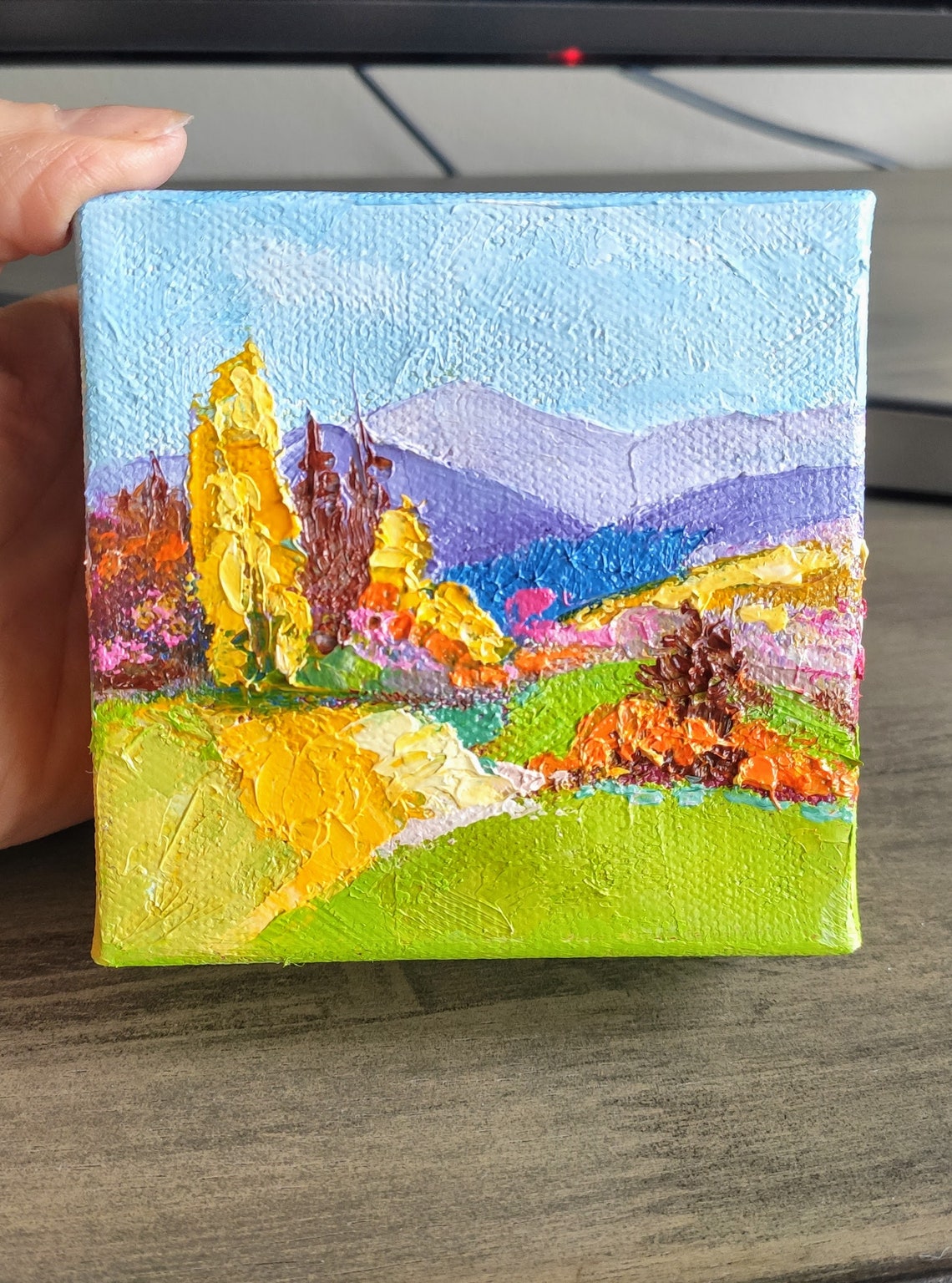 Colorful Abstract Fall Mountains Rolling Hills Landscape Oil Painting - Image 3