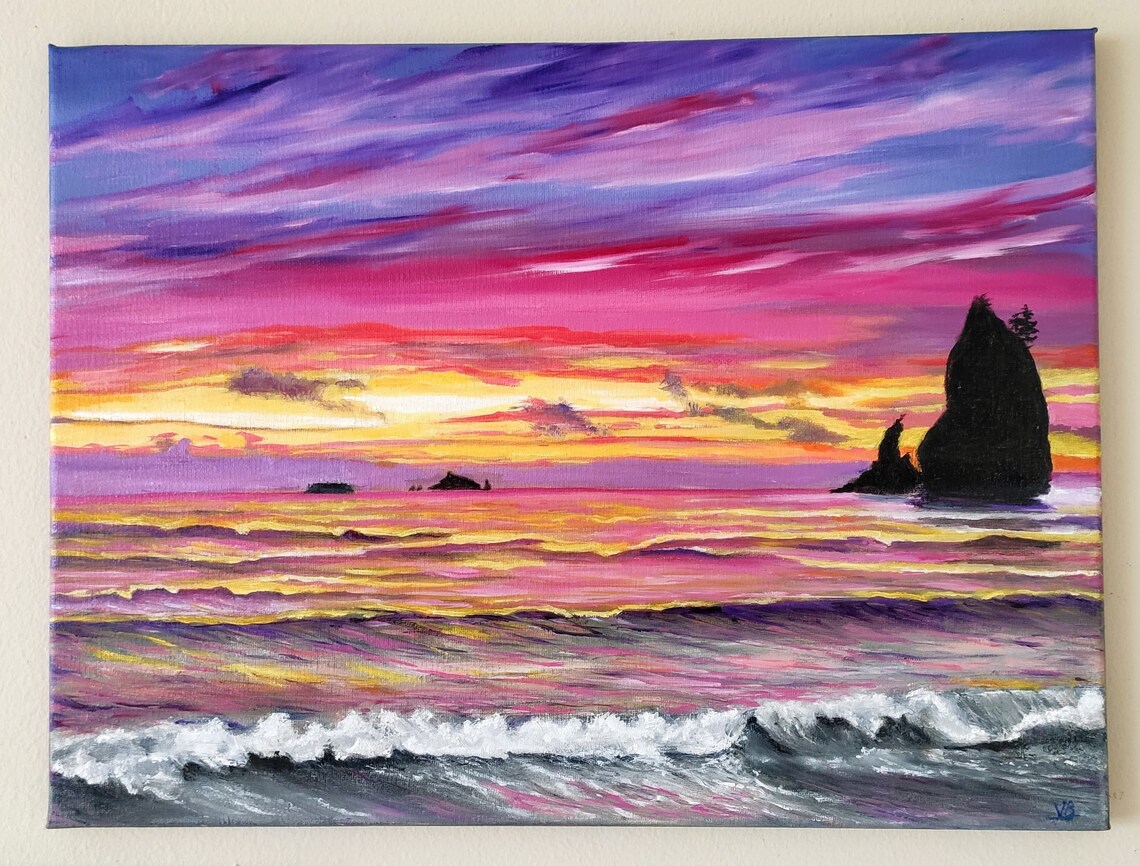 Rialto Beach Sunset Sea Stacks Pink Sky Original Oil Painting Ocean Wall Art - Image 3