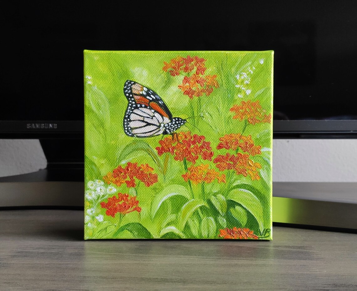 Monarch Butterfly Red Milkweed Flowers Original Oil Painting Wall Art