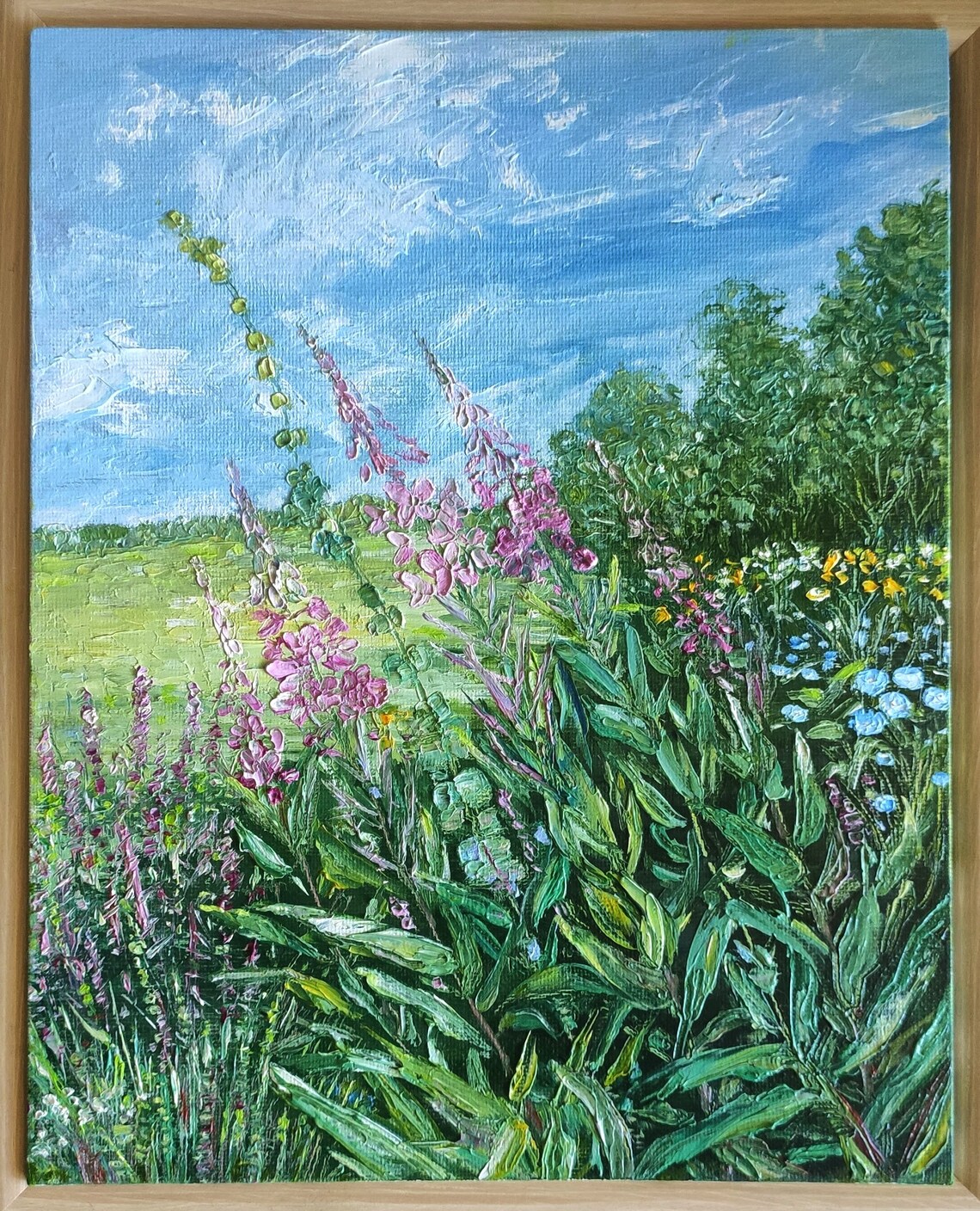 Pink Wildflower Meadow Blue Sky Framed Floral Landscape Painting Art - Image 4