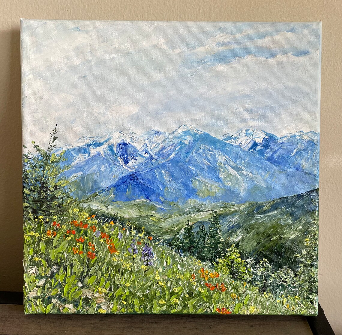 Snowy Blue Mountains Wildflower Meadow Alpine Landscape Oil Wall Art - Image 3