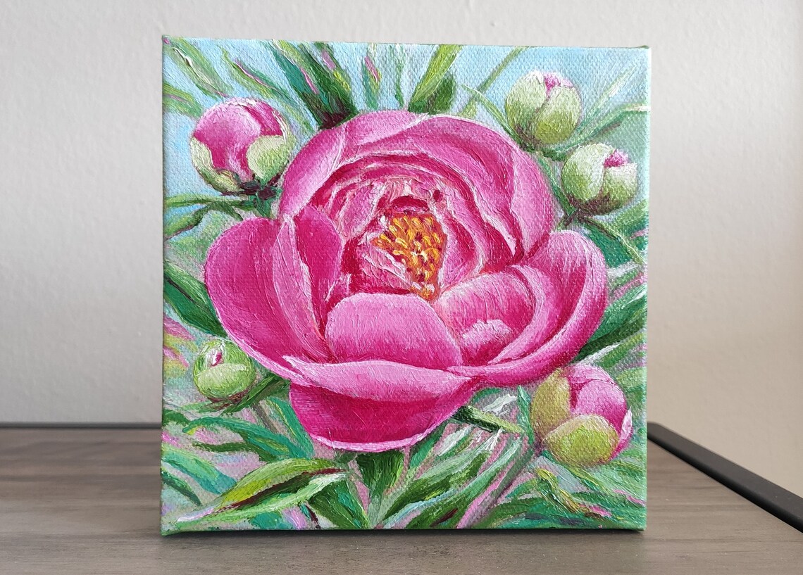 Pink Peony Garden Bloom Buds Original Oil Painting Floral Wall Art