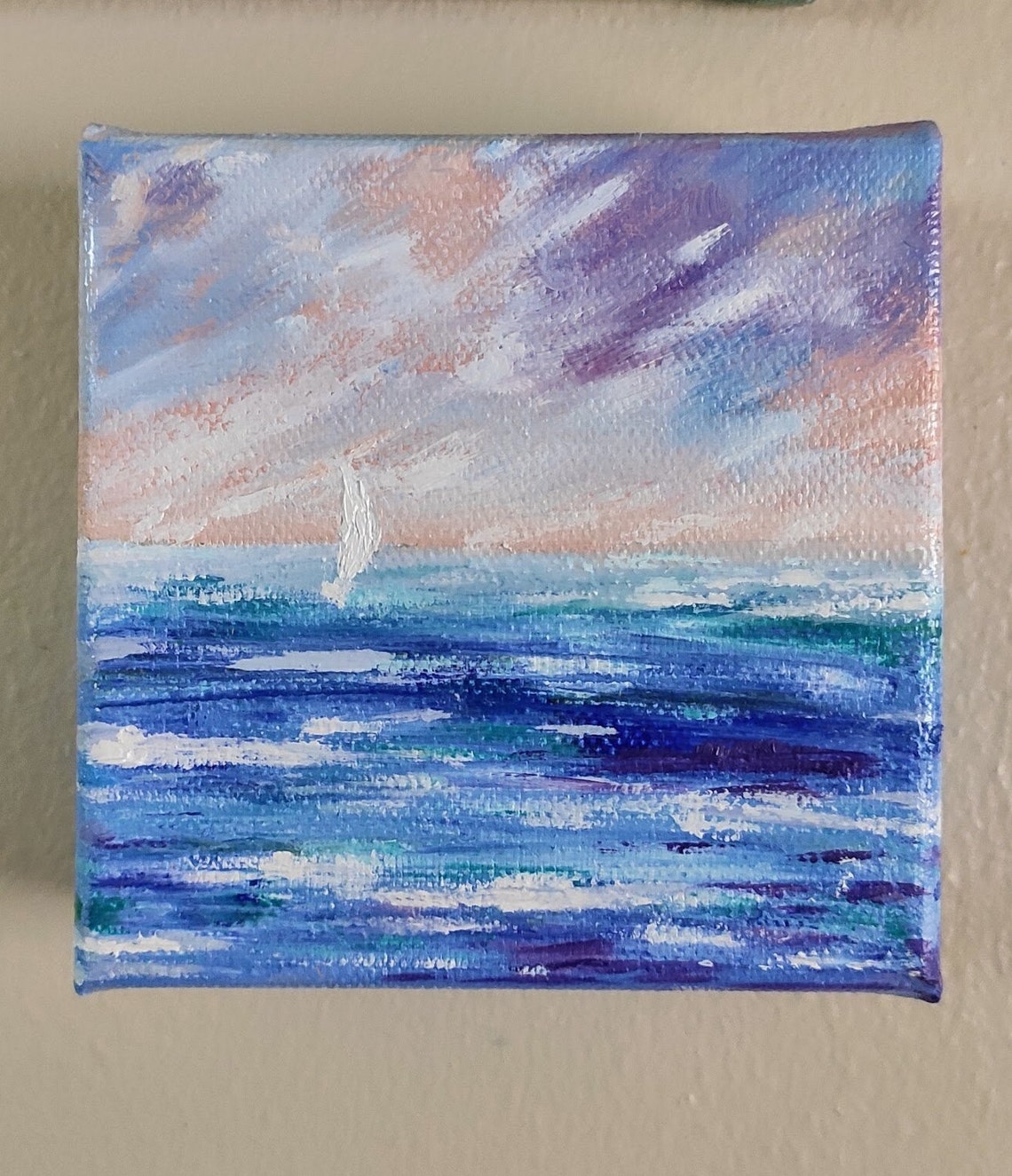 Tiny Sailboat Under Lavender Pink Dawn Sky On Blue Waves Art Poster