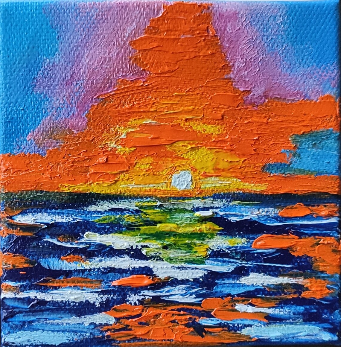 Abstract Ocean Sunset Orange Sky Impasto Oil Painting Mini Wall Art - Image 3