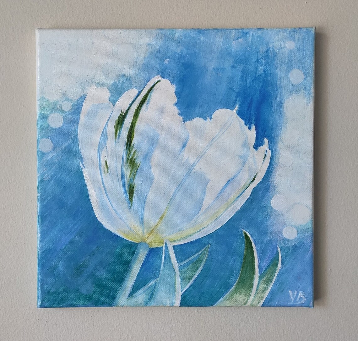 White Tulip Blue Background Spring Bloom Floral Oil Painting Wall Art