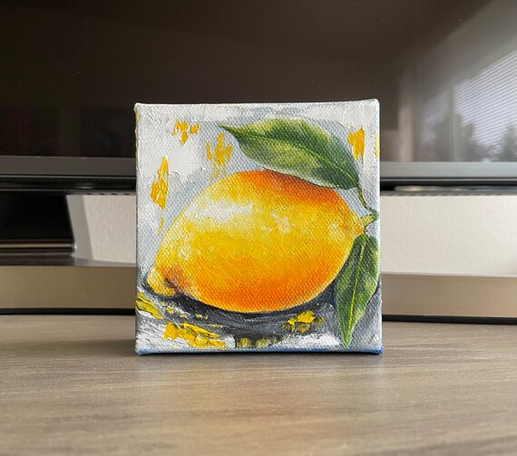 Lemon Original Handmade Oil Painting On 4x4 Kitchen Citrus Painting Tiny Food Kitchen Art One Of A Kind Gift