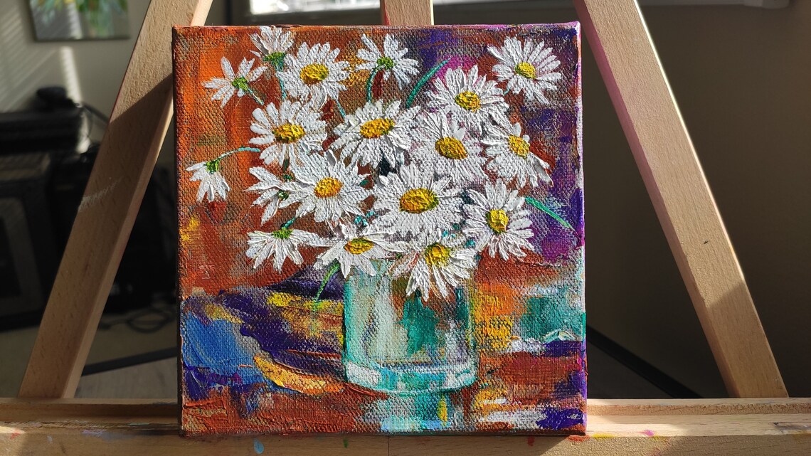 White Daisies Glass Vase Bouquet Colorful Floral Oil Painting Wall Art