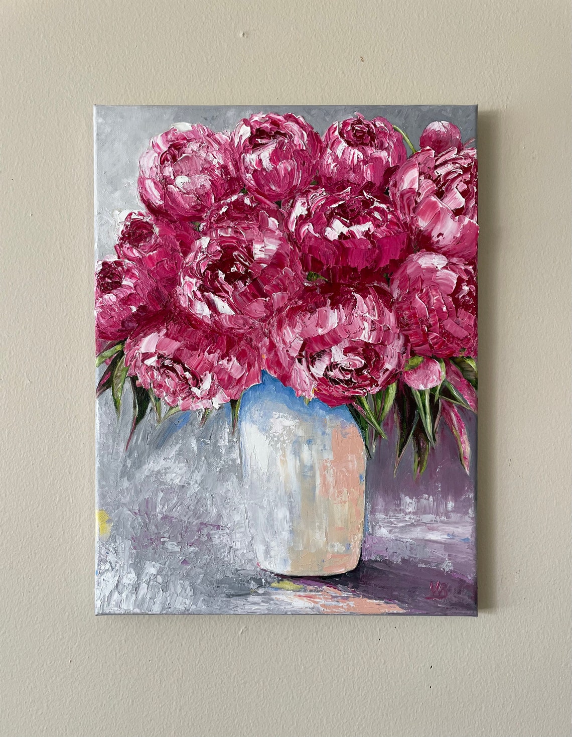 Magenta Pink Peonies Palette Knife Impasto Floral Bouquet Poster - Image 2