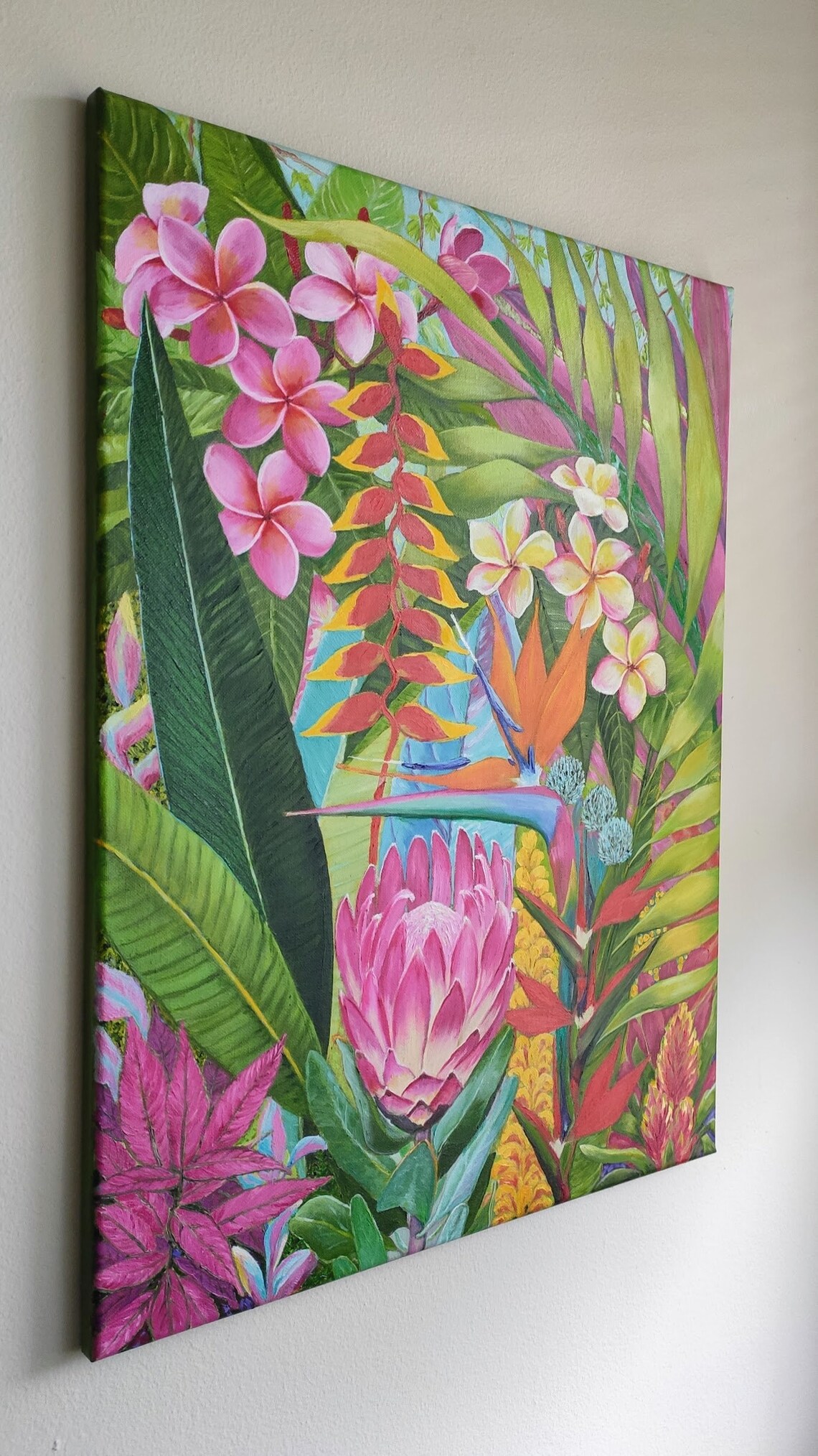 Hawaiian Tropical Flowers Plumeria Bird Of Paradise Oil Painting Art - Image 3