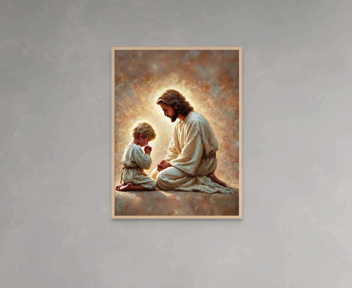 Jesus Teaching Boy to Pray in Warm Golden Light Christian Poster