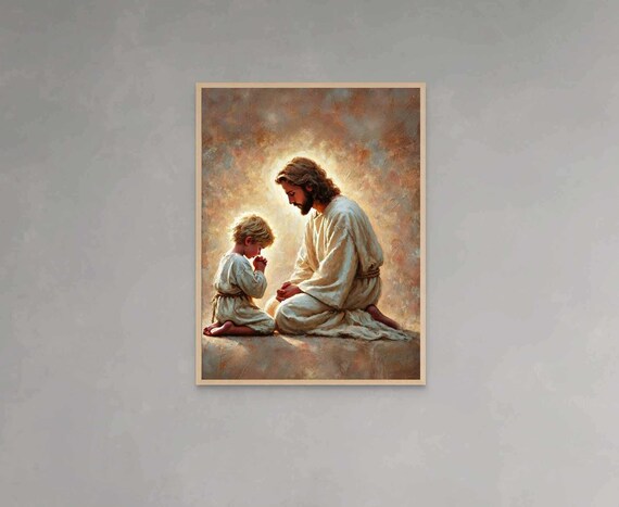 Jesus Teaching Boy to Pray in Warm Golden Light Christian Poster