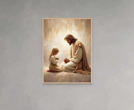 Jesus Praying with Young Girl Kneeling Face to Face Art Poster