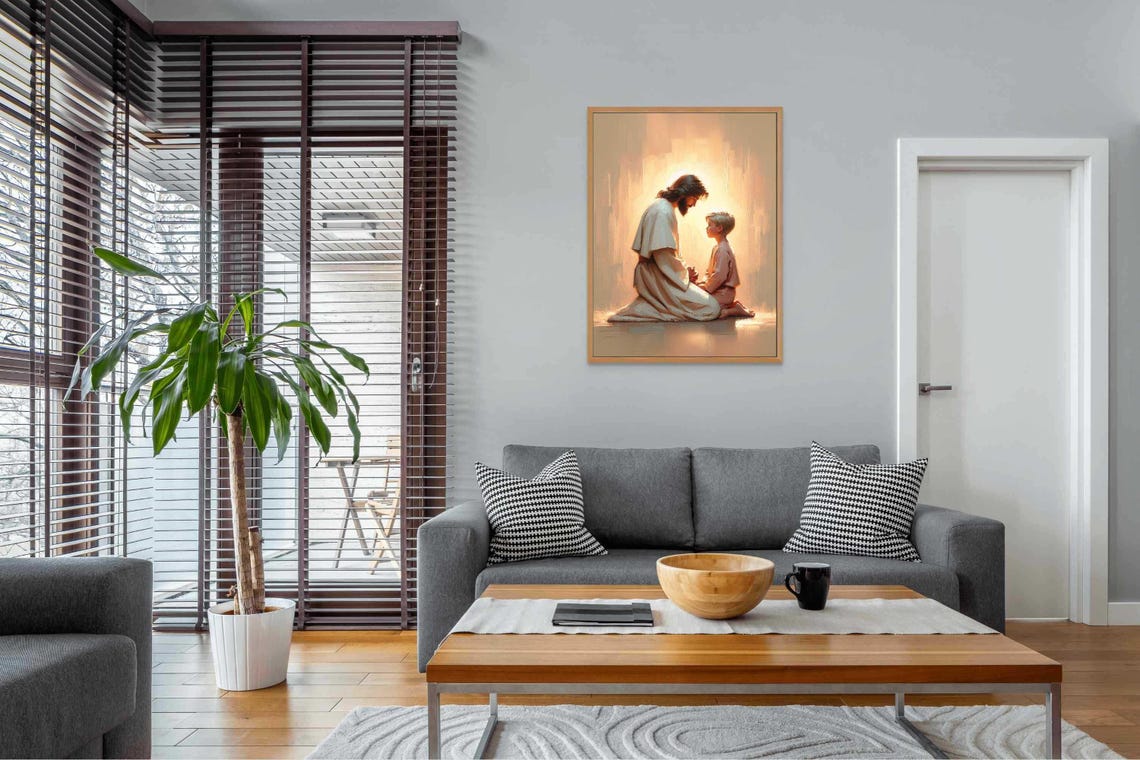 Jesus Praying With Boy Golden Light Christian Nursery Art Poster - Image 2