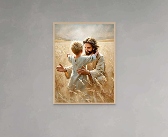 Jesus Embracing Boy in Golden Wheat Field Christian Art Poster