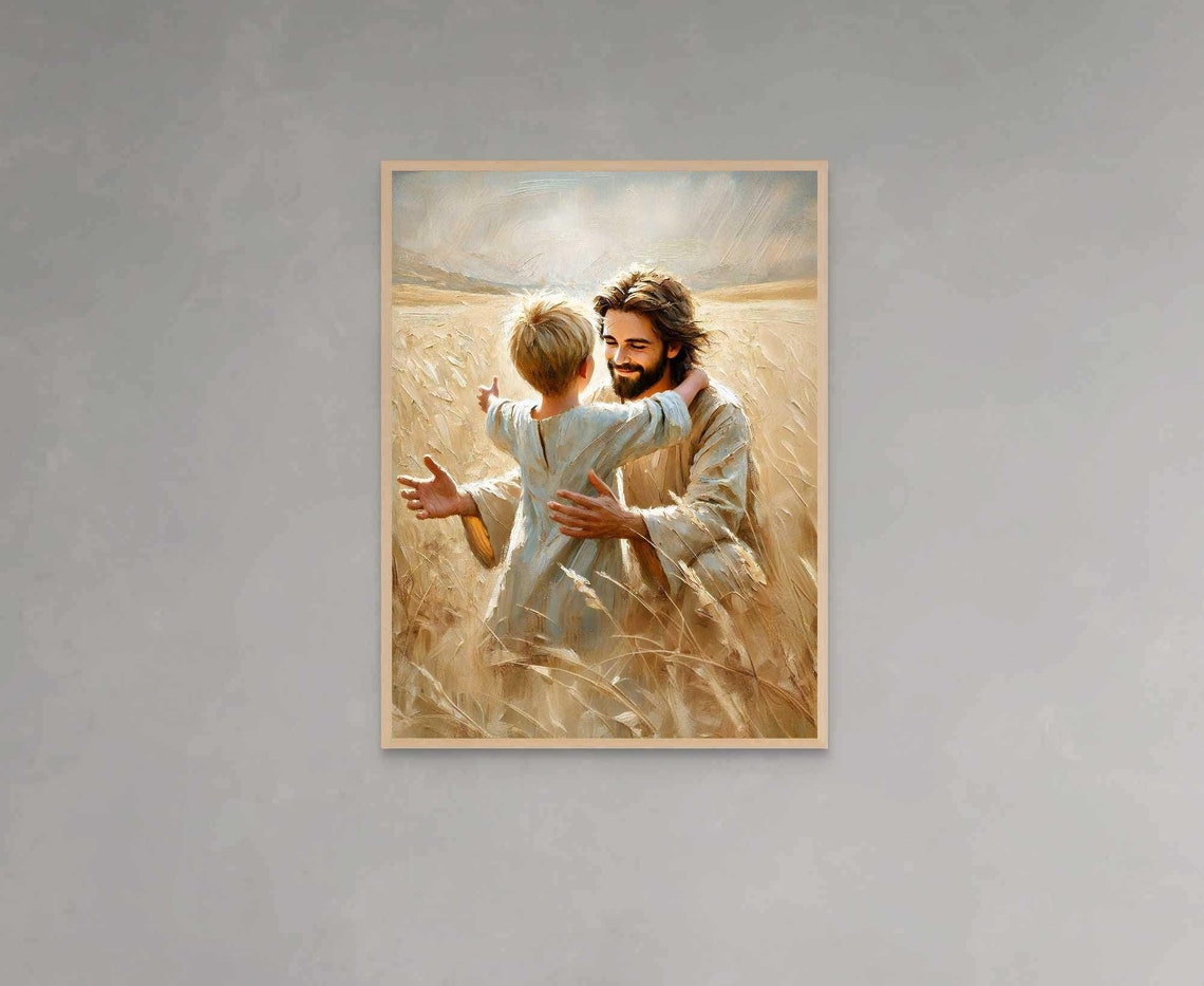Jesus Embracing Boy in Golden Wheat Field Christian Art Poster