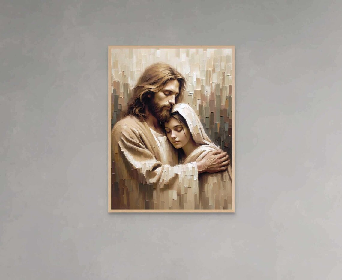 Tender Jesus Hugging Veiled Woman Impasto Christian Art Poster