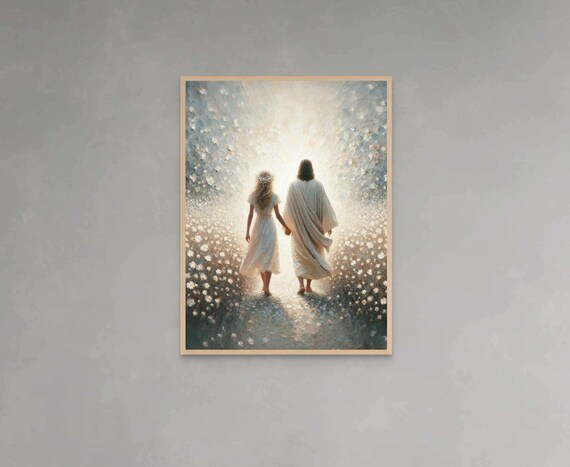 Jesus Walking with Girl Toward Bright Heavenly Light Art Poster