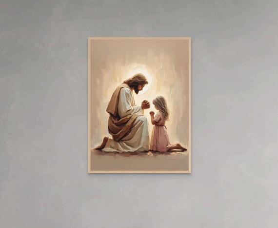 Jesus and Girl Kneeling in Prayer Warm Beige Christian Poster