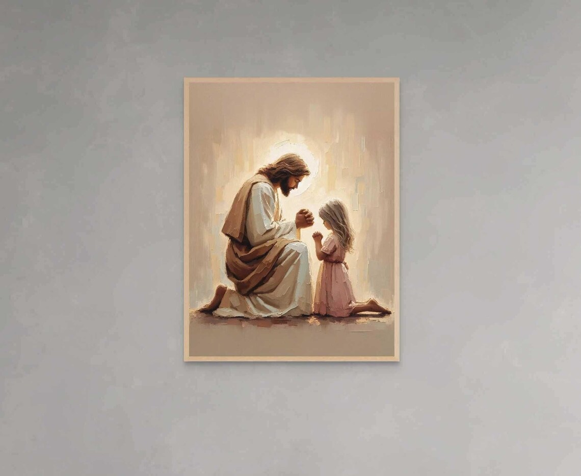 Jesus and Girl Kneeling in Prayer Warm Beige Christian Poster
