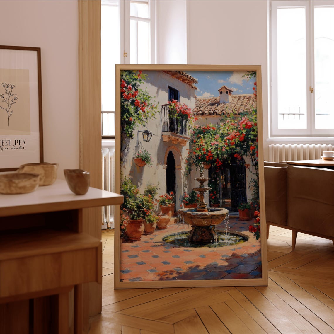 Sunlit Mediterranean Courtyard Fountain Vintage Oil Painting Print