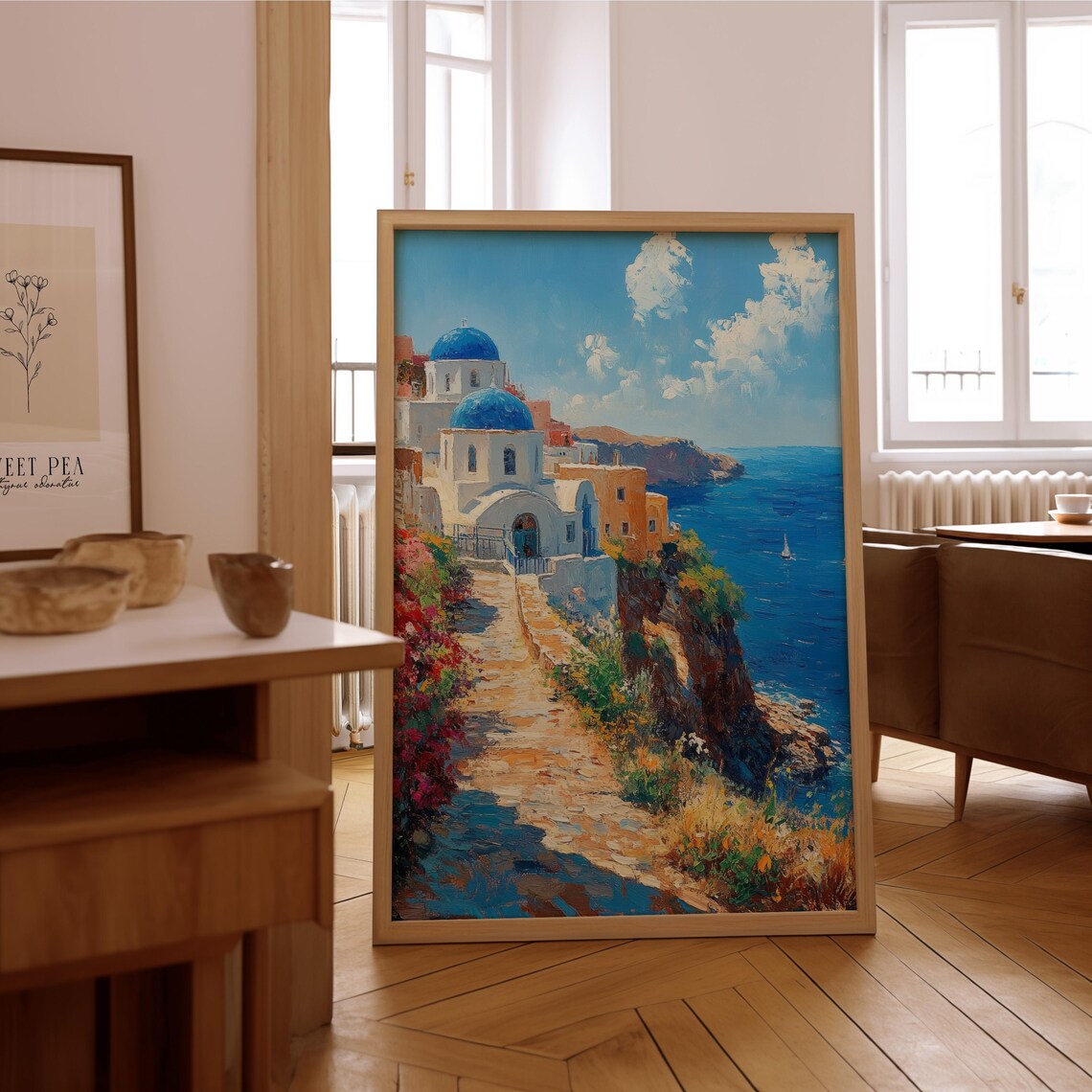 Santorini Greece Blue Domes Cliffside Aegean Sea View Poster