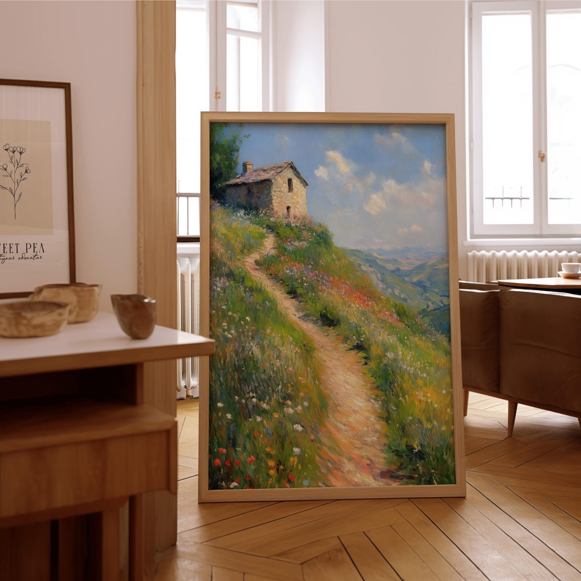 Stone Cottage Hill Wildflower Path Impressionist Oil Painting Poster