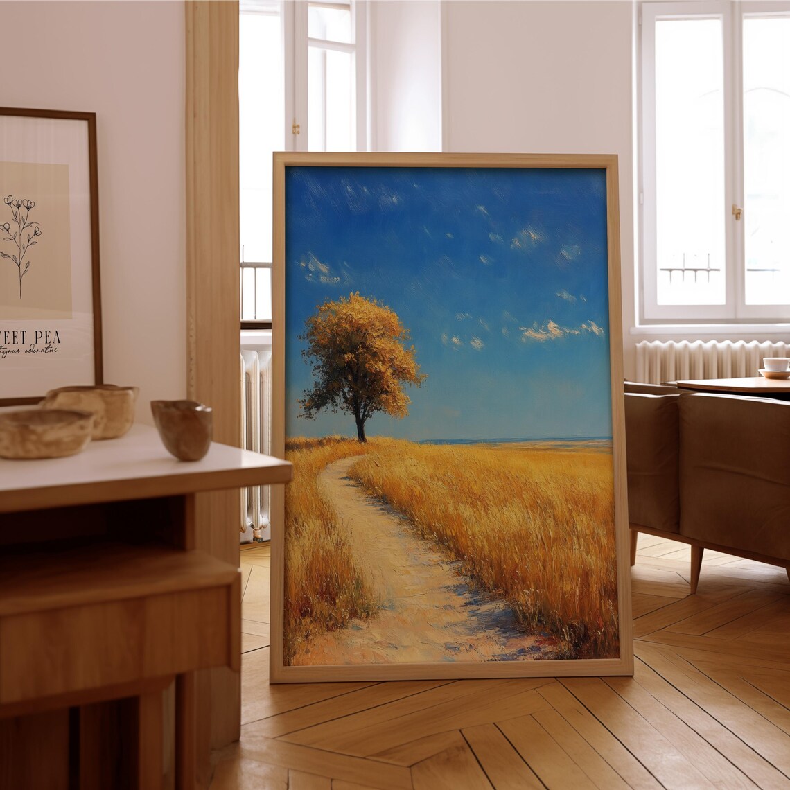 Golden Wheat Field Lone Tree Path Vintage Oil Painting Poster