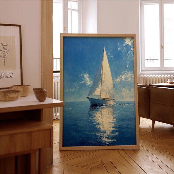 White Sailboat Gliding on Calm Blue Ocean Oil Painting Poster