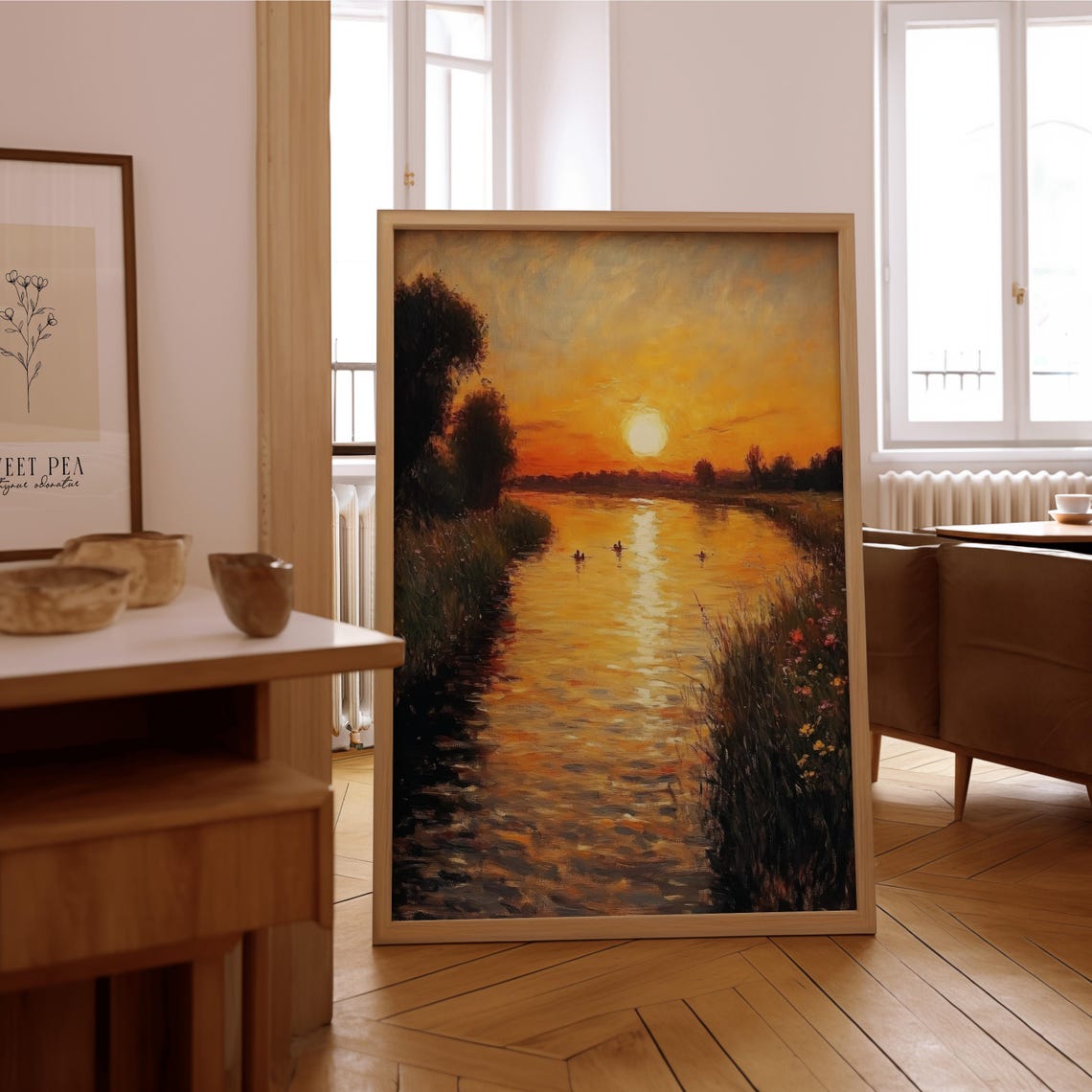 Golden Sunset River Ducks Impressionist Oil Painting Wall Art