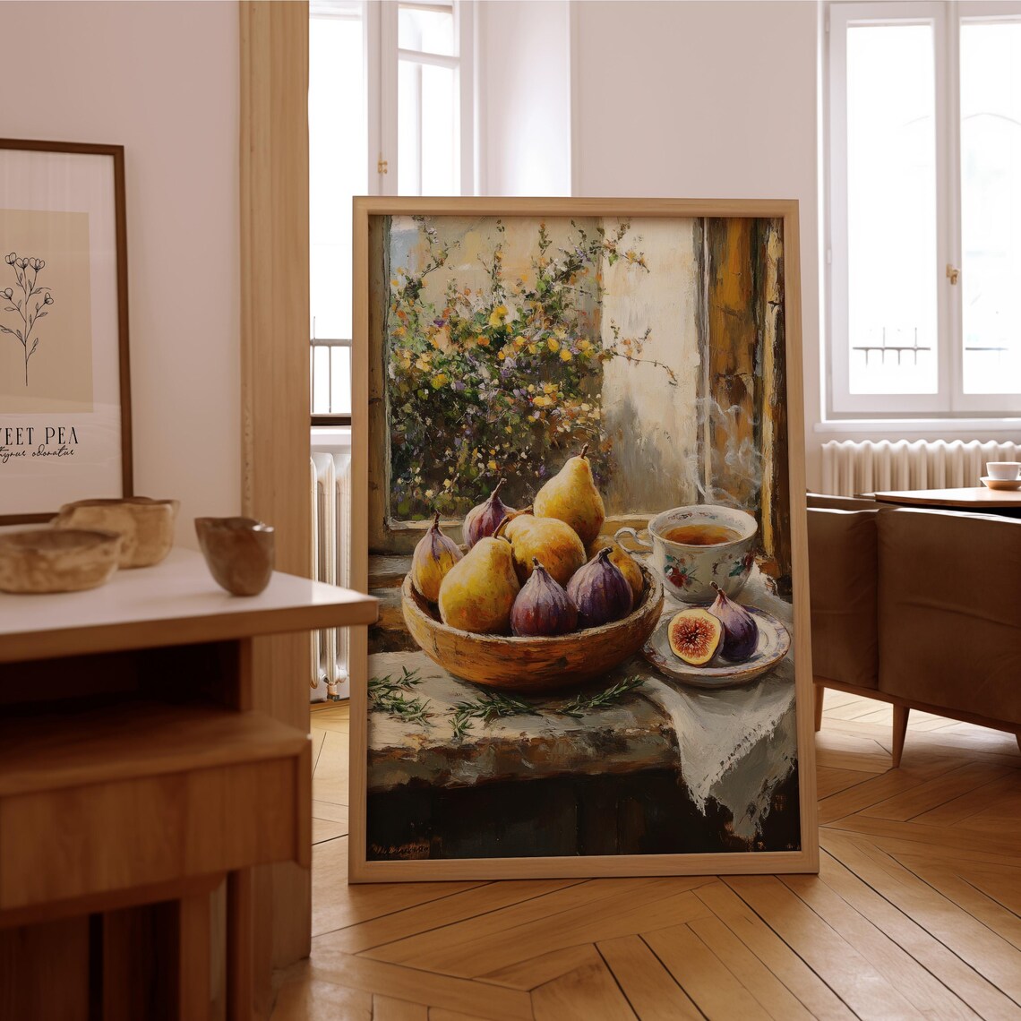 Impressionist Still Life Figs Pears Teacup Rustic Oil Painting Print