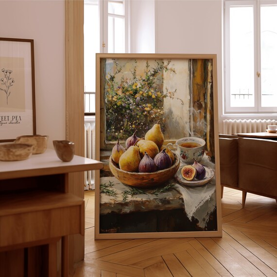 Impressionist Still Life Figs Pears Teacup Rustic Oil Painting Print