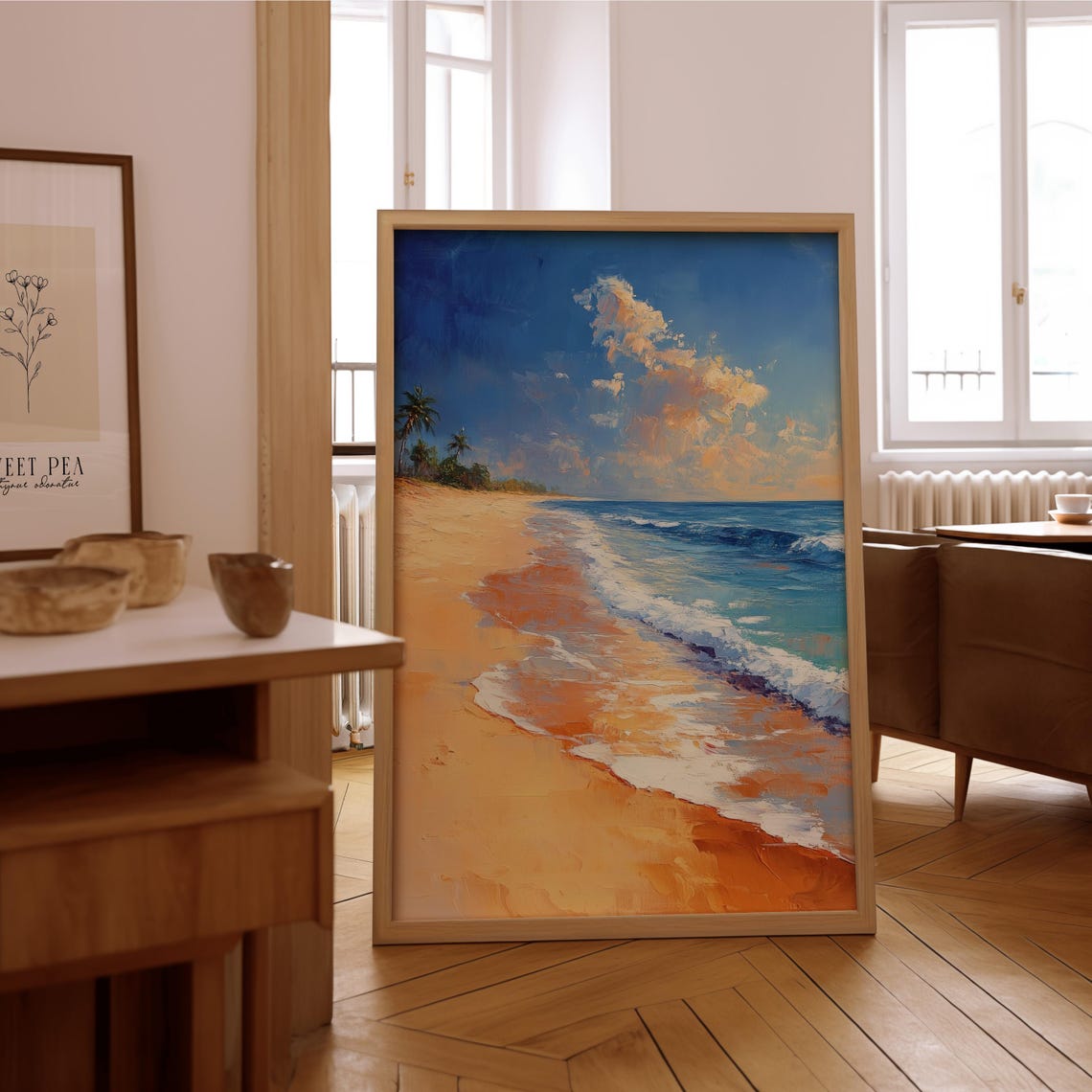 Impressionist Beach Palm Trees Golden Sunset Ocean Wave Art Poster