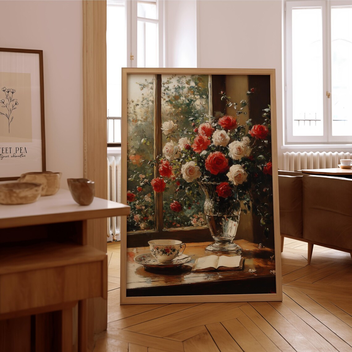 Red and White Roses in a Vase with Teacup Oil Painting Poster