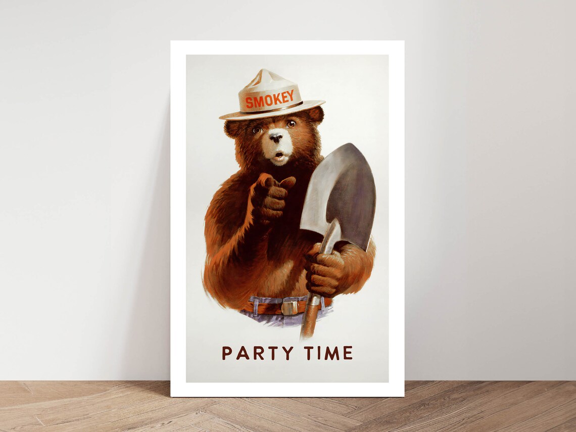 Party Time Smokey Bear Ranger Hat Funny Animal Cartoon Poster - Image 2