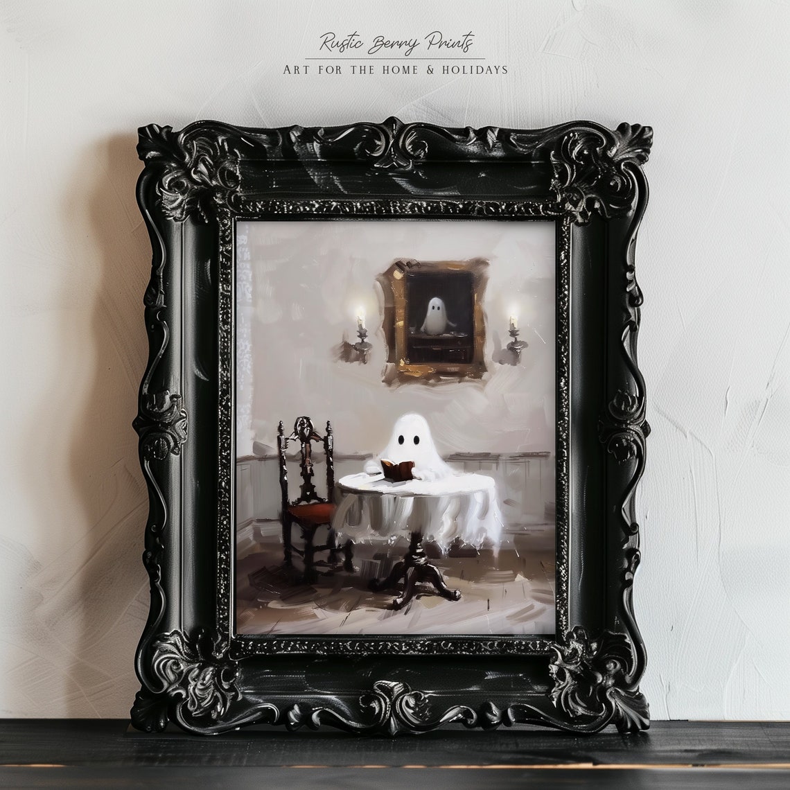 Ghost Reading Book Candlelit Room Cozy Halloween Painting Poster