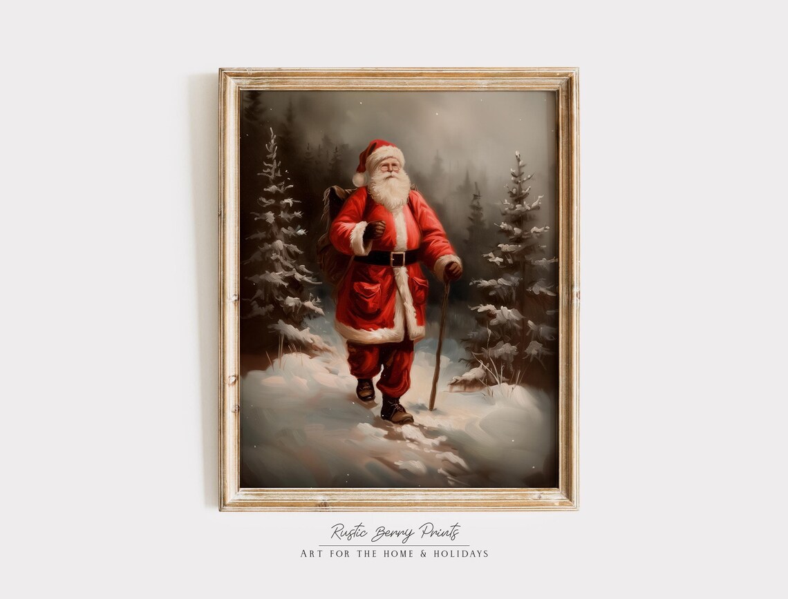 Vintage Santa Claus Snowy Pine Forest Night Walk Christmas Art Poster