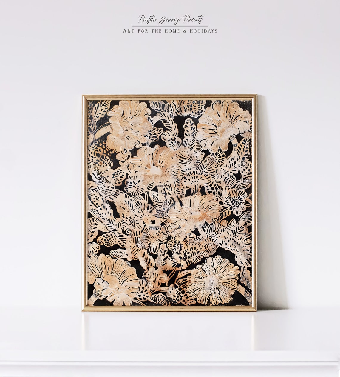 Gold Botanical Block Print On Black Elegant Floral Pattern Art Poster - Image 2