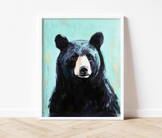 Black Bear Portrait Teal Blue Background Moody Modern Wildlife Poster