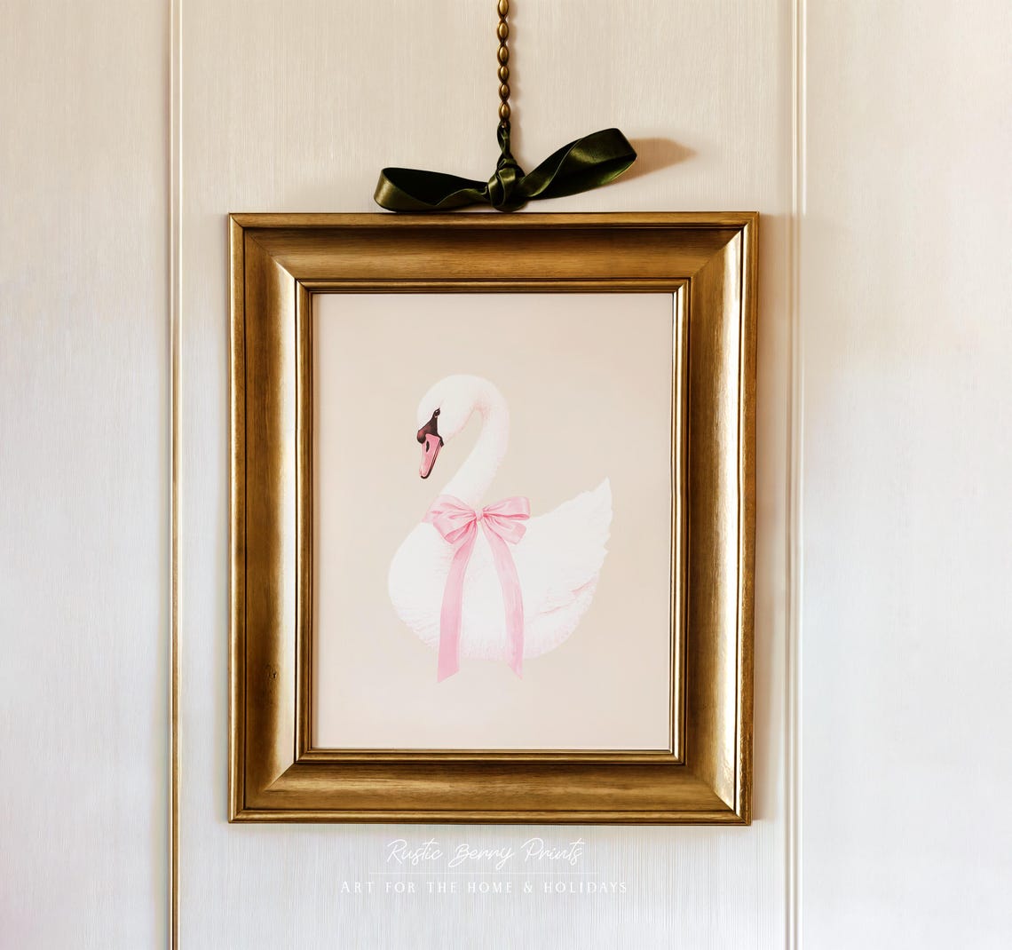 White Swan Pink Bow Coquette Blush Elegant Bird Wall Art Print Poster - Image 2