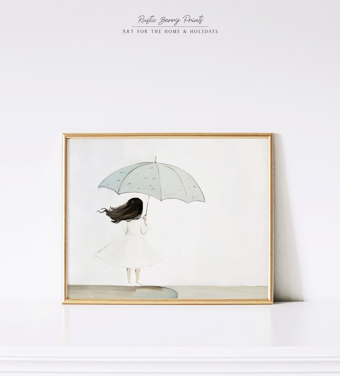 Girl With Umbrella Whimsical Minimalist Nursery Back View Art Poster