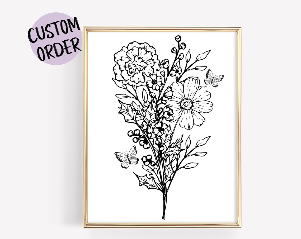 Black and White Botanical Wildflower Line Art Butterfly Poster