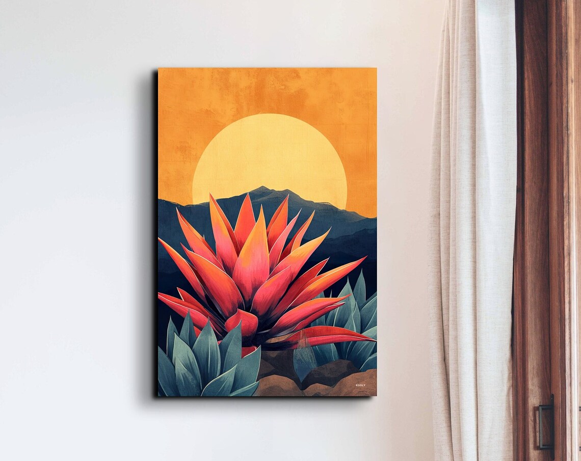 Red Agave Against Desert Sun Mid Century Modern Botanical Poster