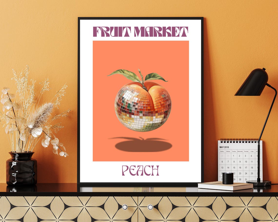Retro Peach Disco Ball Poster, Funky Boho Decor - Image 2