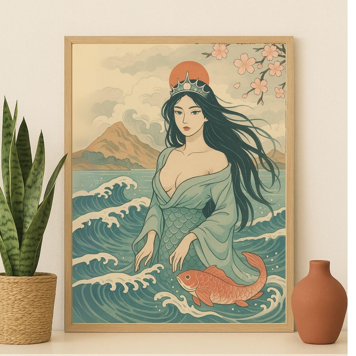 Japanese Crowned Sea Goddess Koi Fish Waves Blossom Art Poster