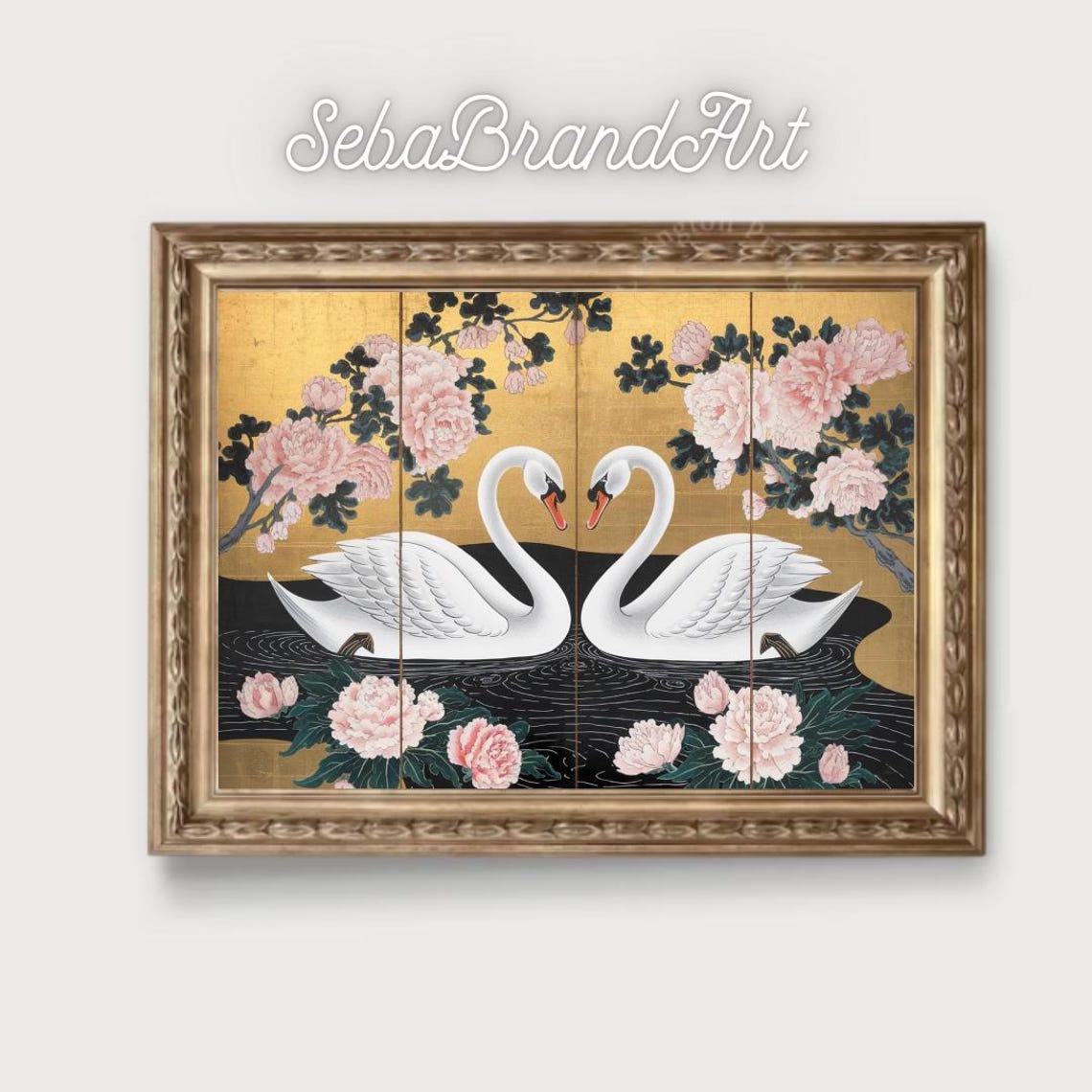 Two Swans With Peonies On A Gold Leaf Japanese Screen Art Poster - Image 2