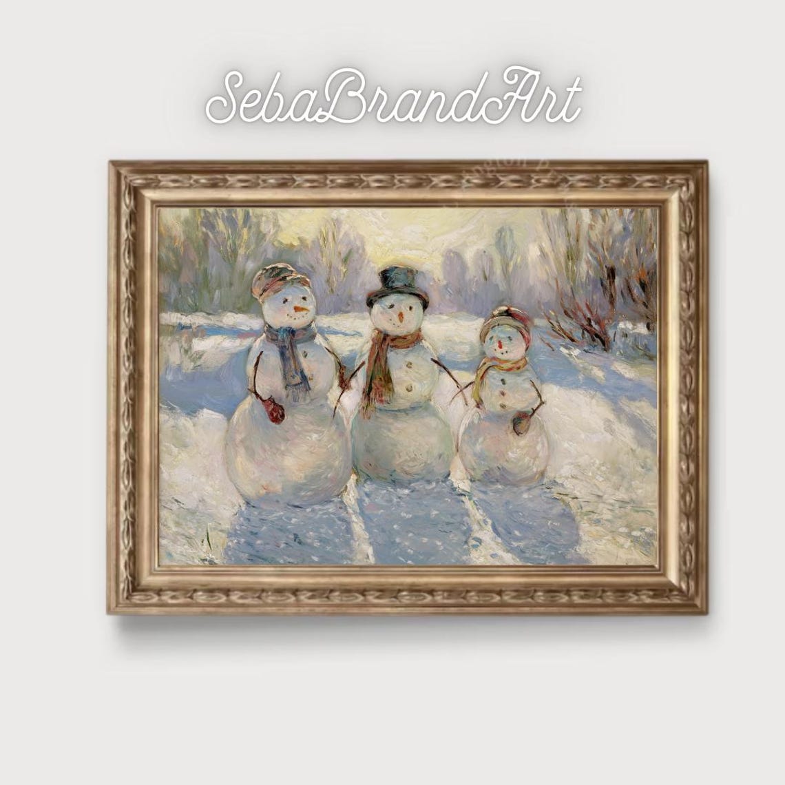 Three Snowmen In Sunny Winter Field Impressionist Holiday Art Poster - Image 2