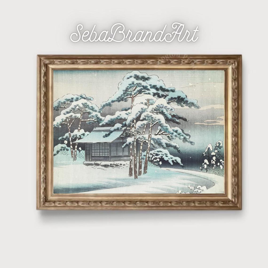 Snow Covered Japanese Cottage Among Snowy Pines Ukiyo E Art Poster - Image 2